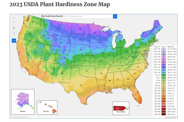 Thematic Map of the 2023 USDA Plant Hardiness Zone Map with a sequence of colors assigned to the zones mimics the chromatic spectrum produced by a prism (i.e., red, orange, yellow, green, blue, indigo, and violet). A legend and three insert maps of Alaska, Hawaii and Puerto Rico.