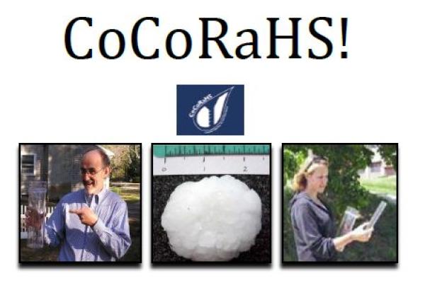 A collage of 5 images side by side with a title, COCORaHS! and a logo. Images are a bottle of water, a man holding up and pointing to a glass of liquid, a hail piece with a ruler on a table, a women outdoor with instruments and a glass column on a table filled with snow.