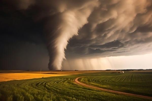A tornado in a distance on the ground in a field of yellow and green with a farmhouse under dark skies.