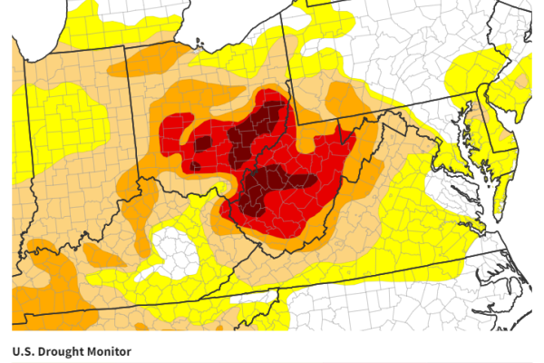 Drought.gov map of Ohio and surrounding states with areas of dark brown, red, orange, beige and yellow and several logos