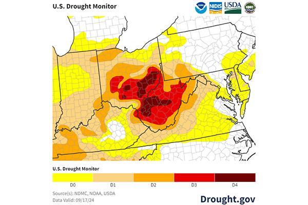 A map from the U.S. Drought Monitor showcasing severe drought in Ohio and Virginia 