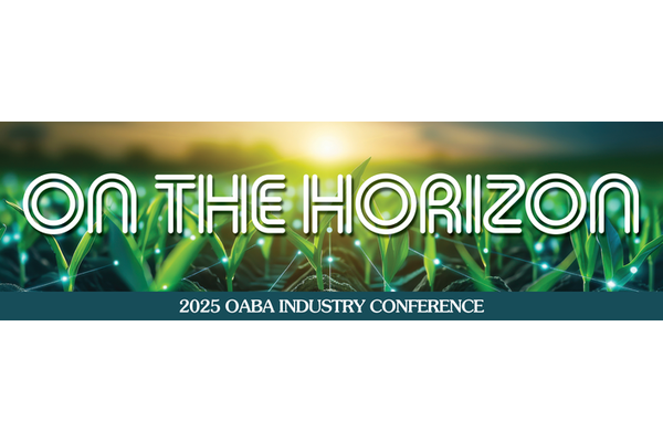 Banner for the 2025 OABA Industry Conference, featuring the words "ON THE HORIZON" in large letters above a backdrop of a sunlit grassy field.