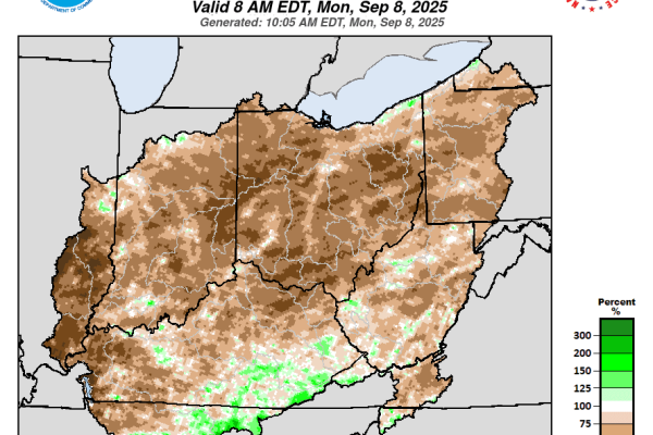 NOAA map of 30-day precipitation percent of normal, September 8, 2025. Most of Ohio is brown for below-normal rainfall; scale ranges dark brown to dark green.