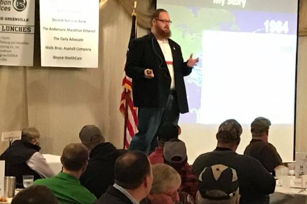 Aaron Wilson giving a presentation to the Darke County Chamber of Commerce Ag Day in March 2017. 