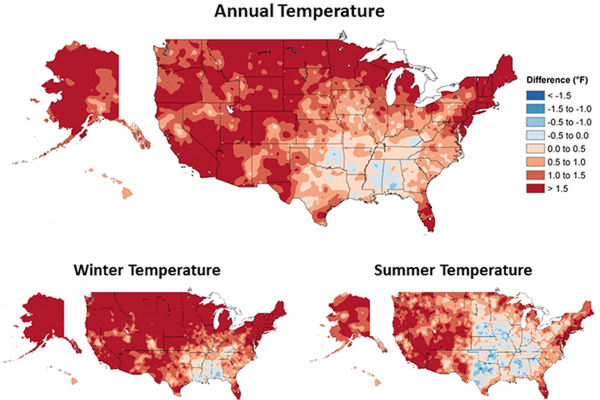 Observed changes in annual, winter, and summer temperature (°F) for different periods since 19081