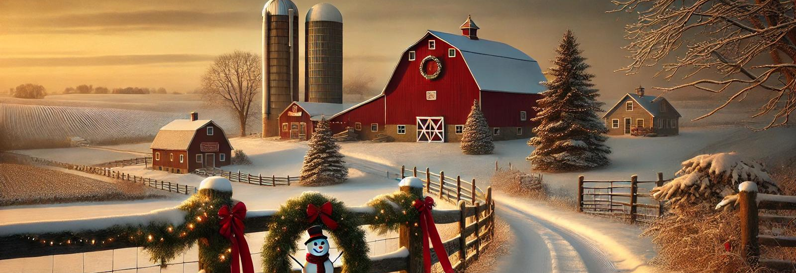 A barn and silos next to a farmhouse at a distance with snow covered ground  and trees and  wooden fences on either side of the lane covered in garland and a wreath with a snowman in it!